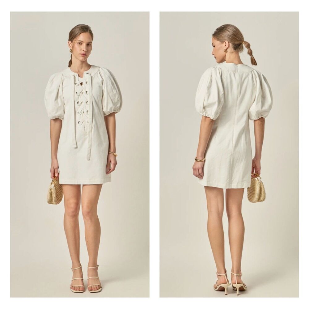 NWT - ENGLISH FACTORY Laced Puff Sleeve Mini Dress, Off White, Sz L